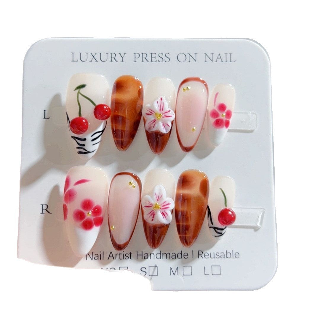 Amber Almond Nail Three-dimensional Carved Autumn And Winter Painted Cherry