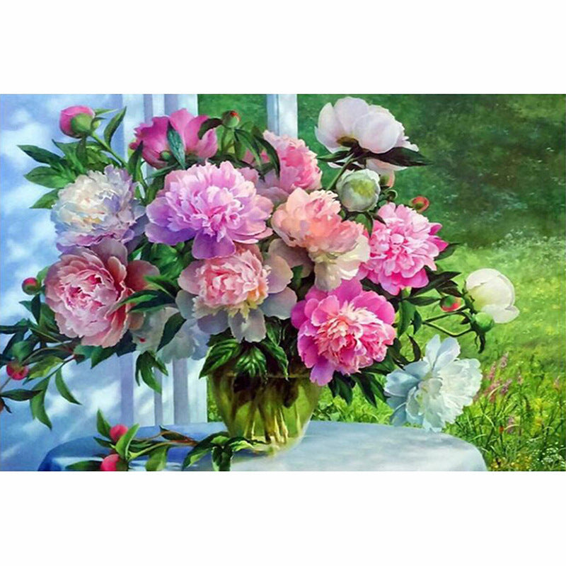 Vollständig rautenförmig gestickte Blumen im Kreuzstich