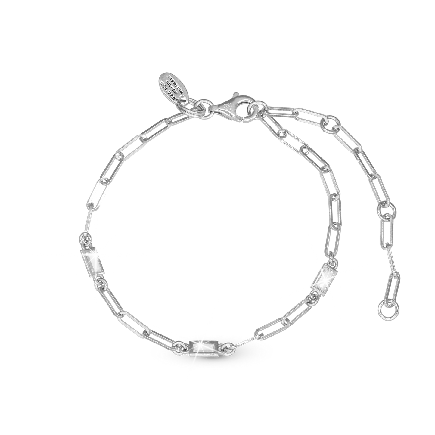 Shiny Links Bracelet - Polished Sterling Silver with 3 white