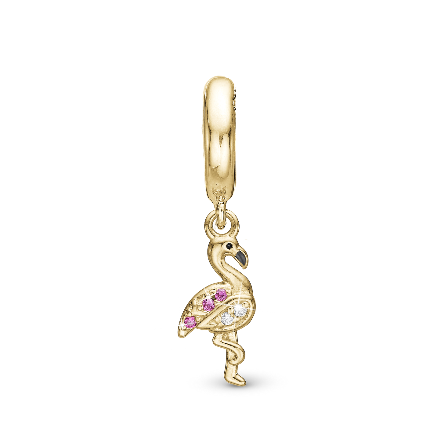 Flamingo Drop Earring Charm 6 mm for Bracelet - Gold Plated Sterling Silver with 5 white Cubic Zirkonia