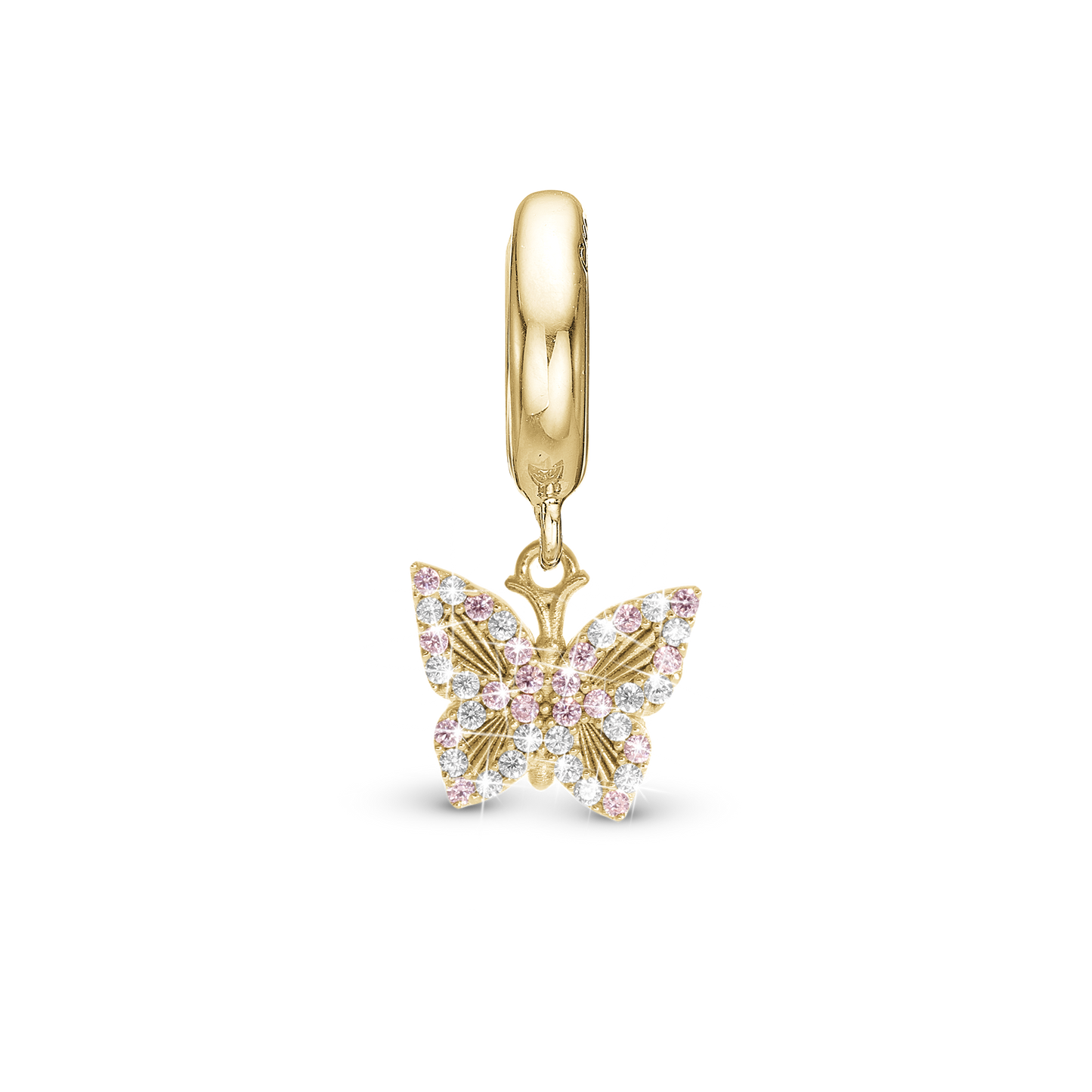 Sparkling Butterfly Drop Earring Charm 6 mm for Bracelet - Polished Gold Plated Sterling Silver with 5 Pinke Cubic Zirkonia