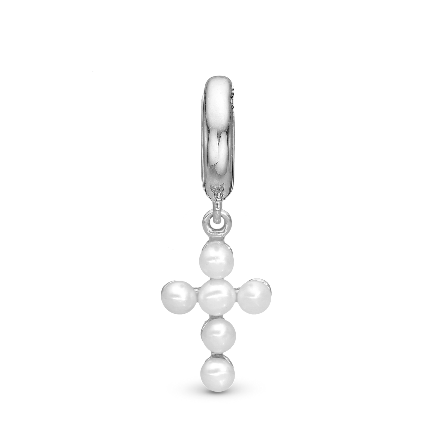Pearl cross Drop Earring Charm 6 mm for Bracelet - Polished Sterling Silver with 6 white Ferskvandsperler