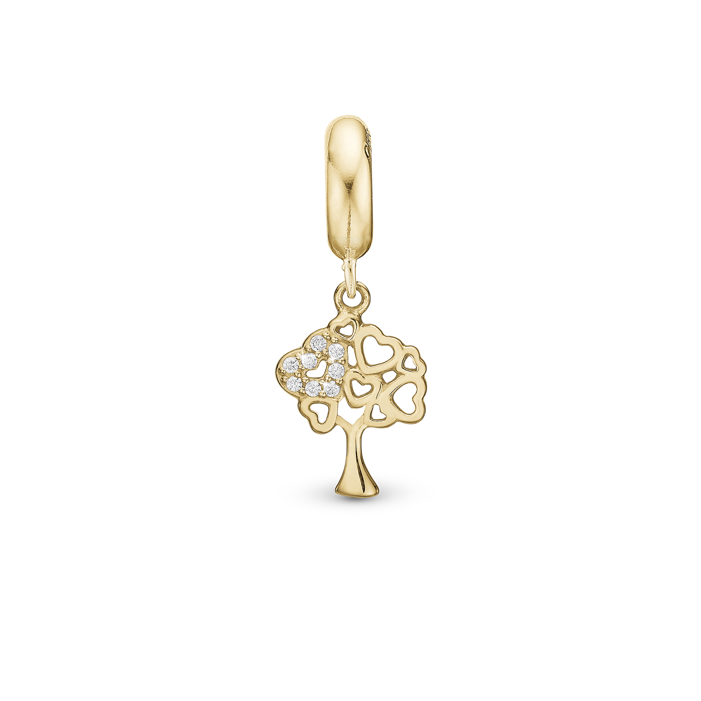 Tree of Hearts - Drop Earring Charm 4 mm for Bracelet - Polished Gold Plated Sterling Silver with 8 Cubic Zirkonia