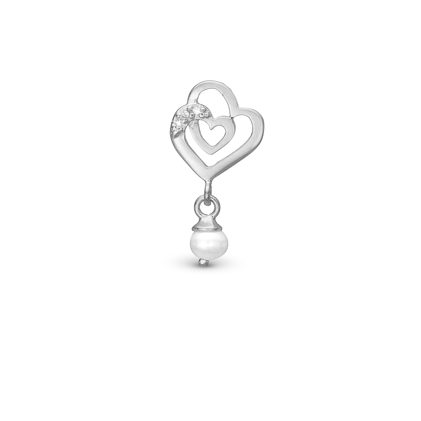 Two Hearts - Drop Earring Charm 4 mm for Bracelet - Polished Sterling Silver with 3 Cubic Zirkonia