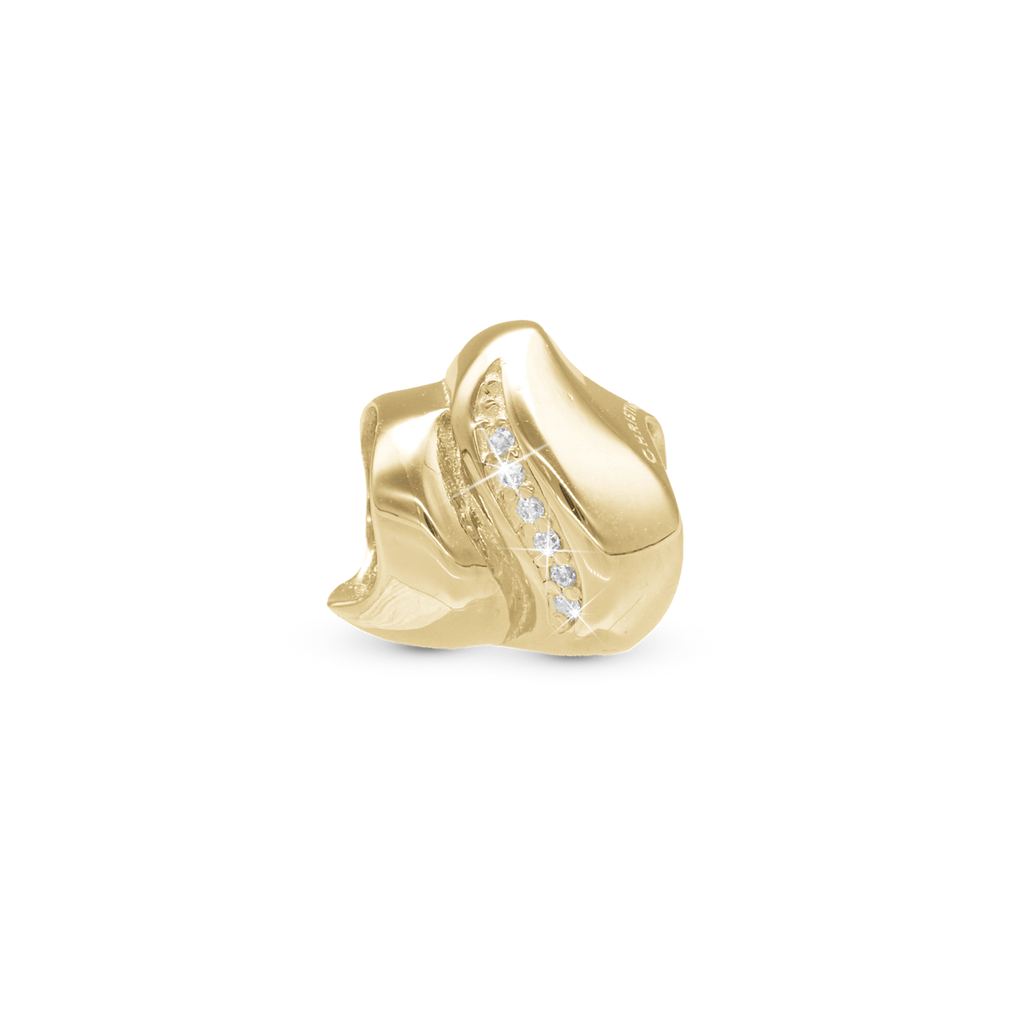 Majestic wave Charm 6 mm for Classic Leather Bracelet - Polished Gold Plated Sterling Silver with 6 white Cubic Zirkonia