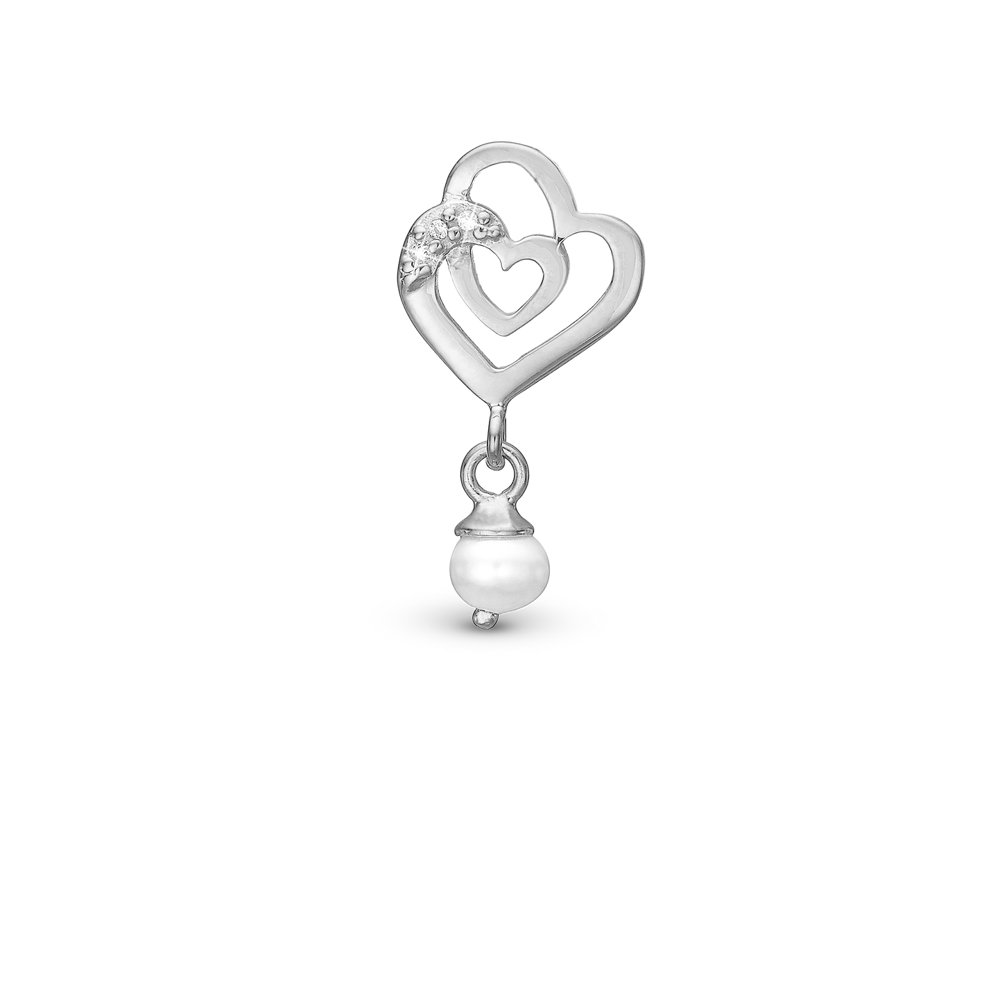 Two Hearts Charm 6 mm for Classic Leather Bracelet - Polished Sterling Silver with 3 white Cubic Zirkonia