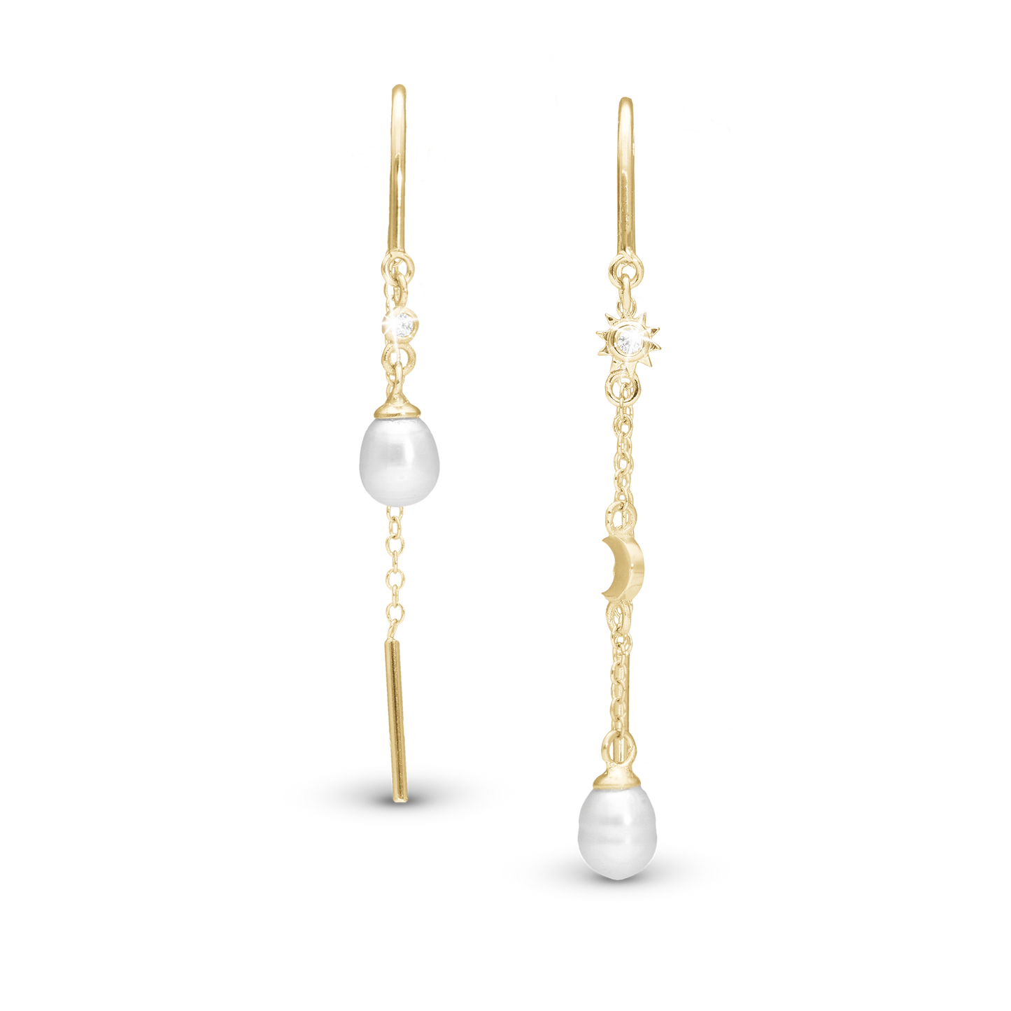 Day & Night Dangle Earring - Polished Gold Plated Sterling Silver with 2 white Ferskvandsperler