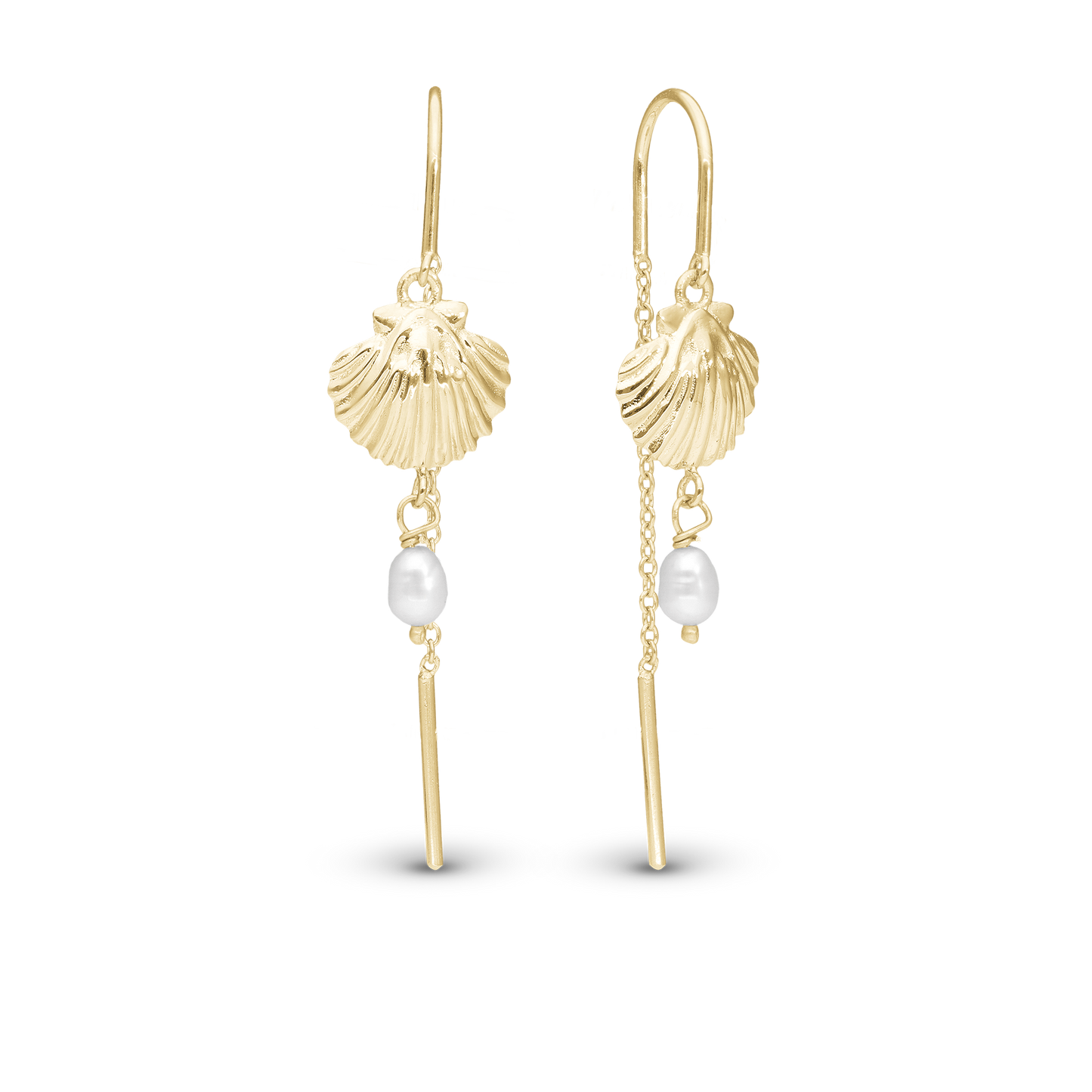 Long Clam Shell Dangle Earring - Polished Gold Plated Sterling Silver with 2 white Ferskvandsperler