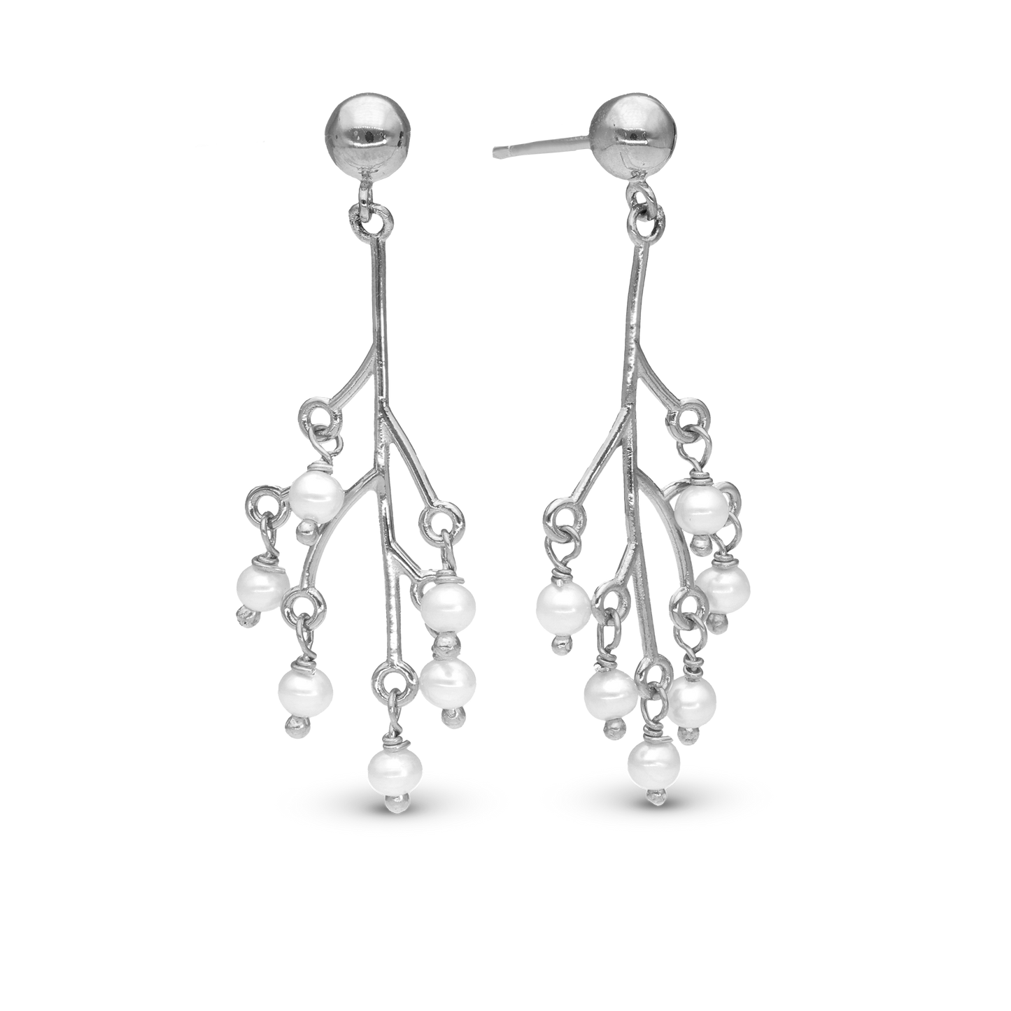 Cherry Tree Dangle Earring - Polished Sterling Silver with 12 white Ferskvandsperler