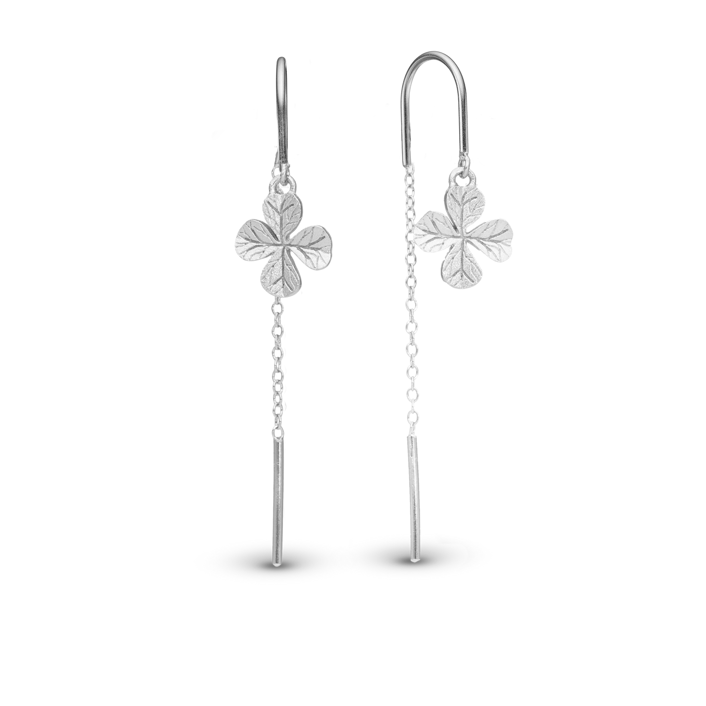 Long FoWatch Leaf Clover Dangle Earring - Brushed Sterling Silver