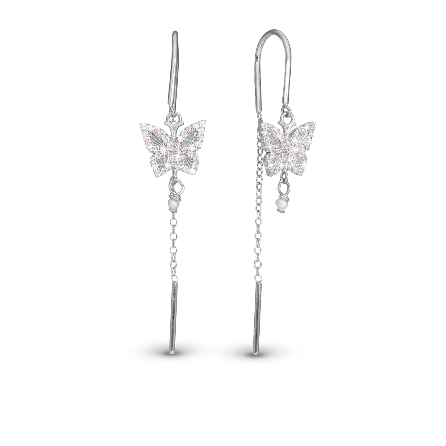 Sparkling Butterfly Dangle Earring - Polished Sterling Silver with 40 white Cubic Zirkonia