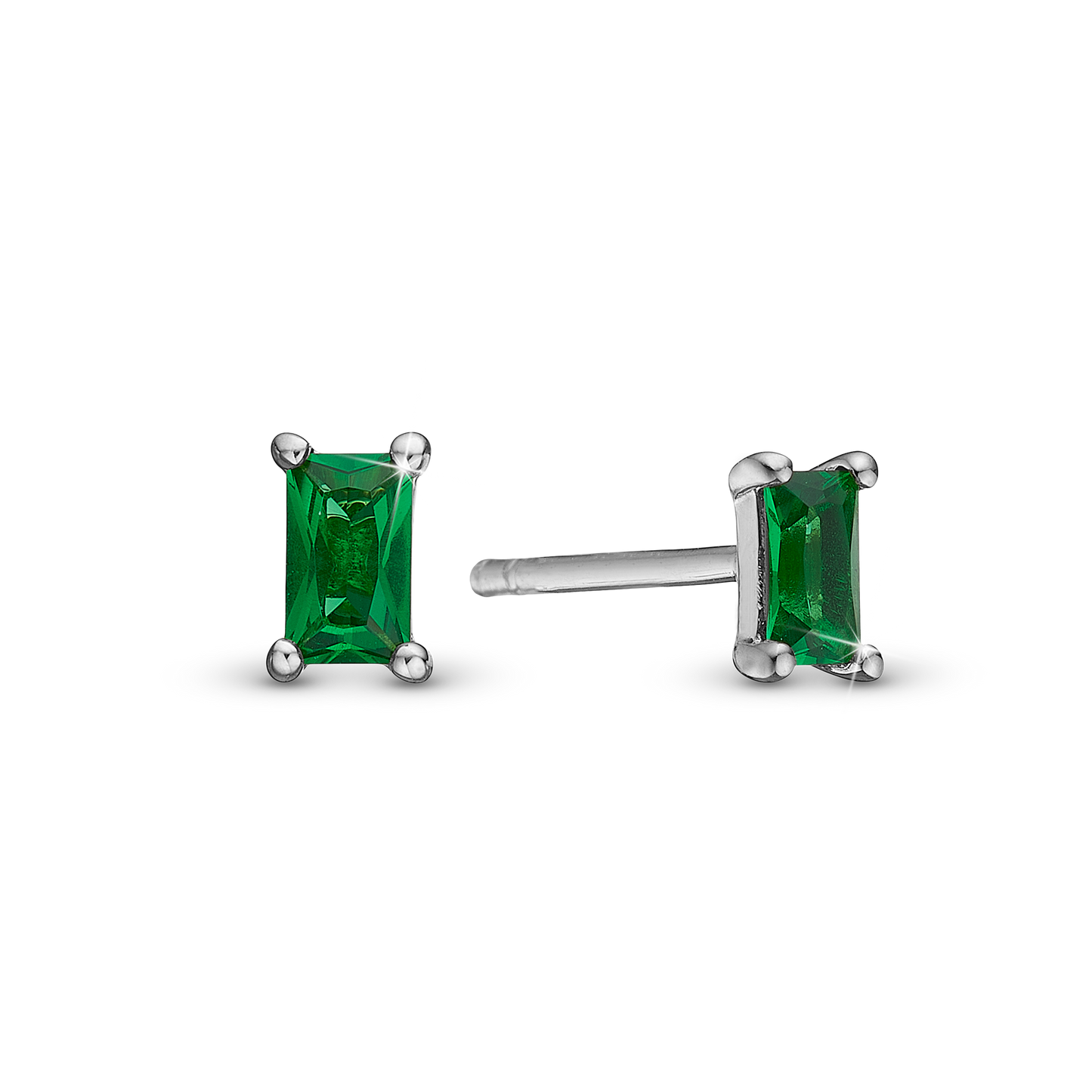 Green Baguette Stud Earrings - Polished Sterling Silver with 2 Greenne Cubic Zirkonia