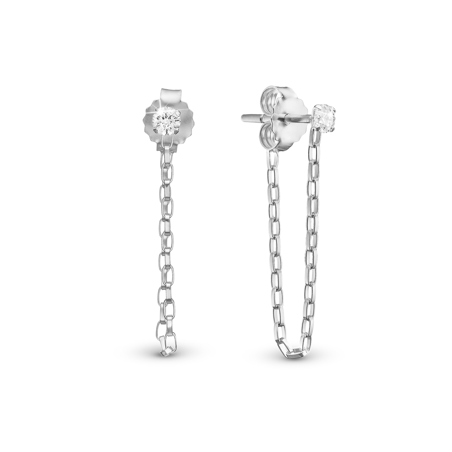 White CZ chain Stud Earrings - Polished Sterling Silver with 2 white Cubic Zirkonia