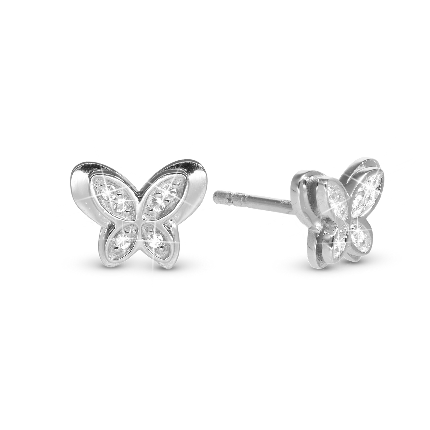 Vibrant Butterfly Stud Earrings - Polished Sterling Silver with 12 white Cubic Zirkonia