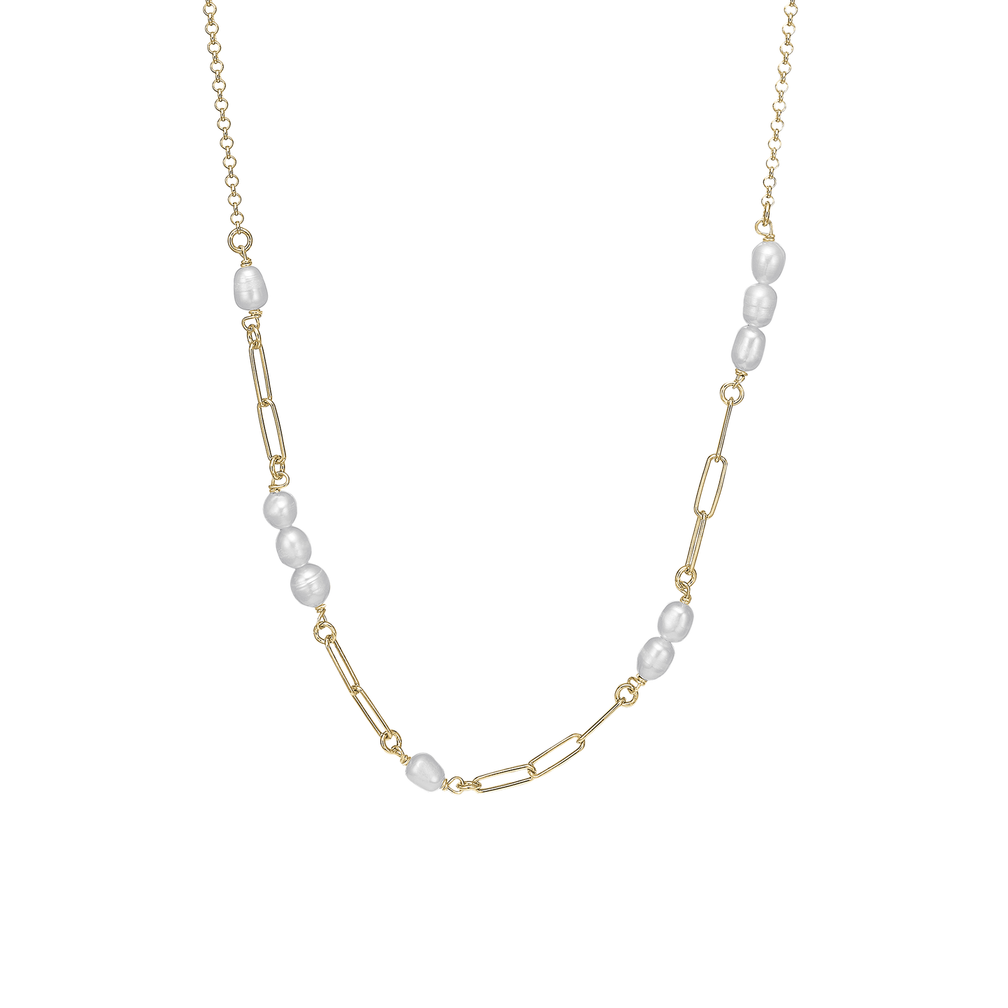 Links and Pearls Necklace - Gold Plated Sterling Silver with 10 white Ferskvandsperler