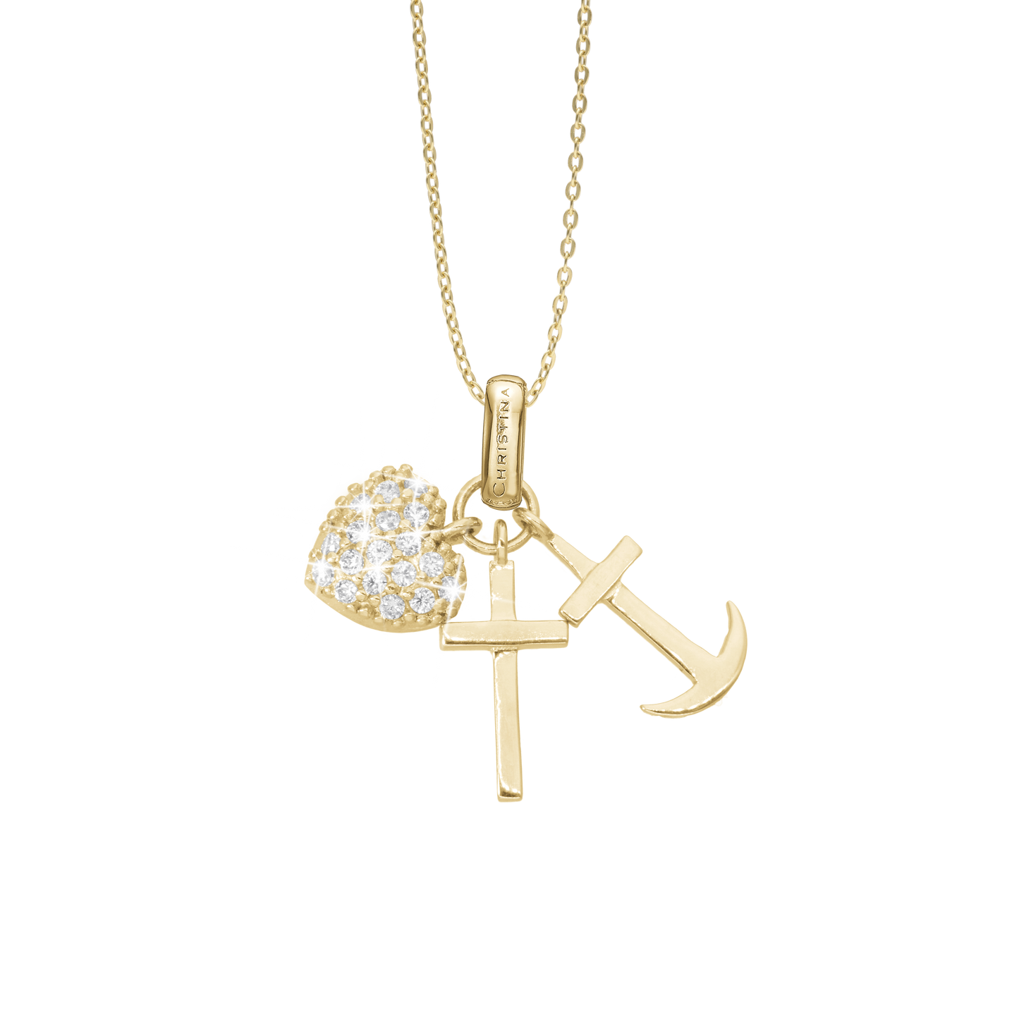 Faith Hope and Love Earring Pendant - Polished Gold Plated Sterling Silver with 32 white Cubic Zirkonia