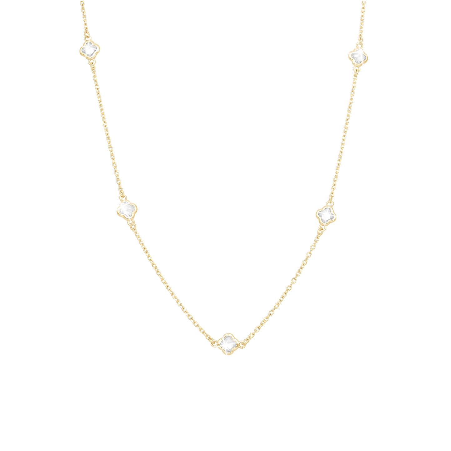 Glowing Clover Necklace - Polished Gold Plated Sterling Silver with 3 white Cubic Zirkonia