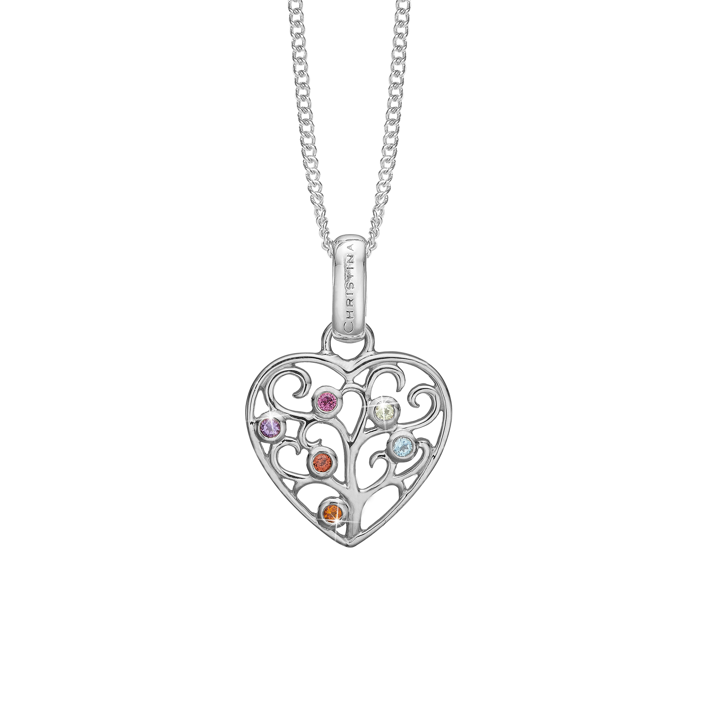 Family Tree of Love Earring Pendant - Polished Sterling Silver with 6 Multi color Cubic Zirkonia