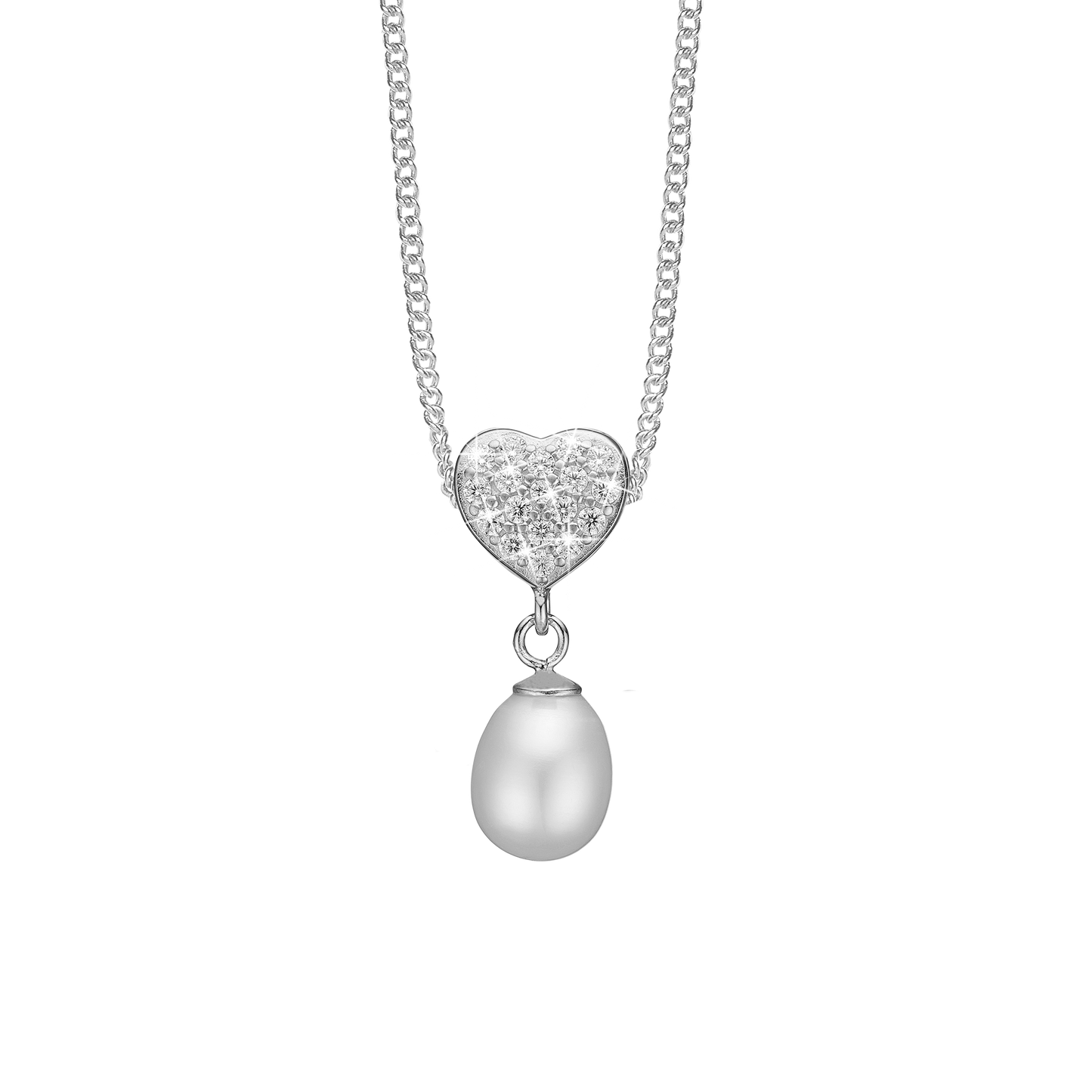 Sparkling Heart Earring Pendant - Sterling Silver with 14 white Cubic Zirkonia og 1 Ferskvandsperle