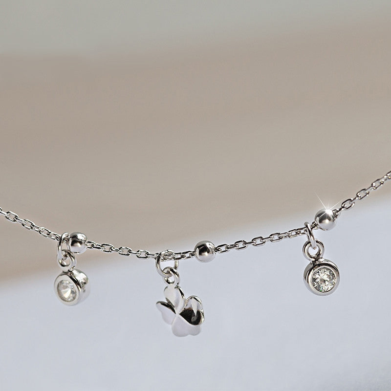 Four Leaf Clover Sterling Silver Anklet Korean Fashion Fresh Silver Jewelry S925 Sterling Silver Single Diamond Anklet Women's Style