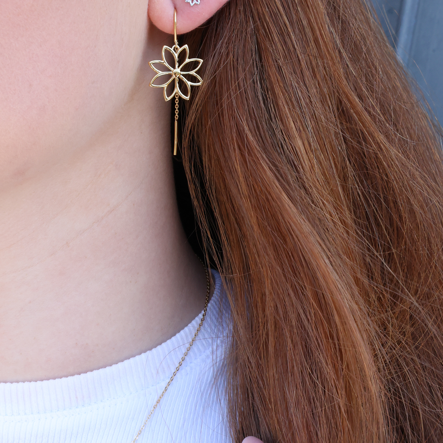 Simple Flower Dangle Earring - Polished Gold Plated Sterling Silver