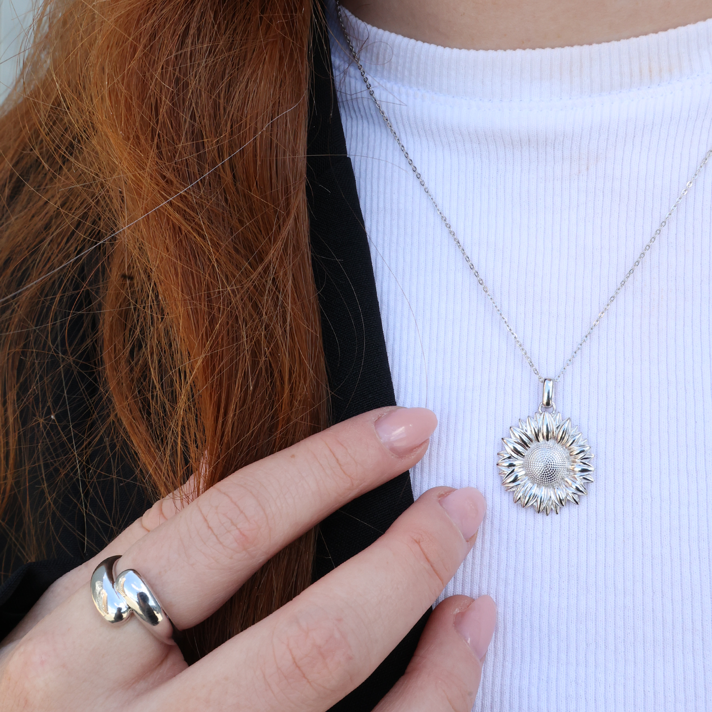 Sunflower Earring Pendant - Polished Sterling Silver