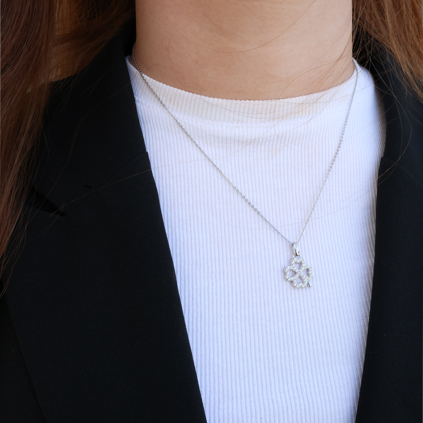 Shimmery Clover Earring Pendant - Polished Sterling Silver with 37 Cubic Zirkonia