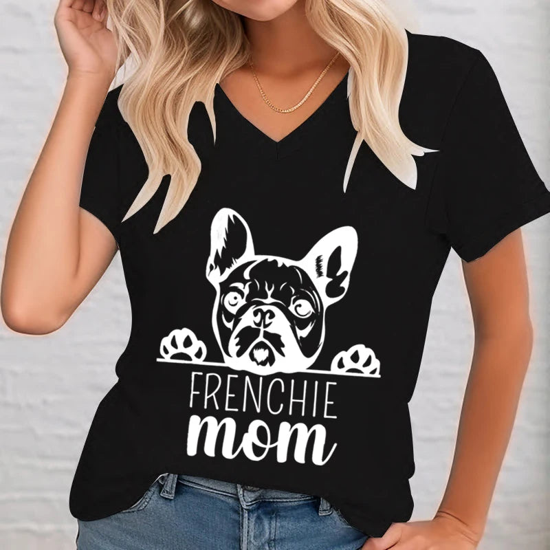 Frenchie Mom Shirt Damen V-Ausschnitt Französische Bulldogge Grafik T-Shirt Tierliebhaber Shirt Geschenkideen für Hundebesitzer Französische Bulldogge T-Shirt Damen