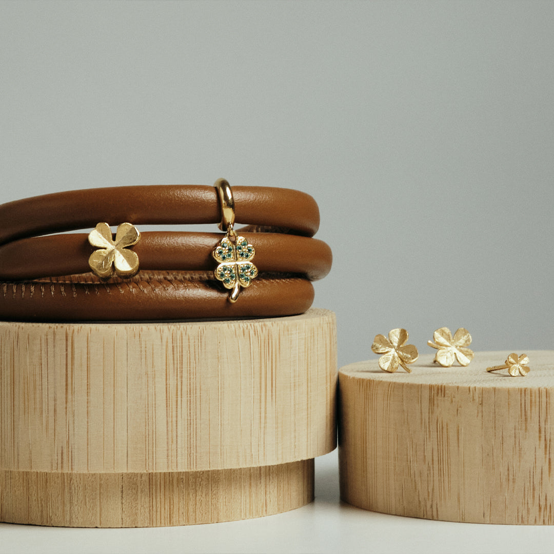 FoWatch Leaf Clover Simple Earring Stud / Single Stud - Gold Plated Sterling Silver