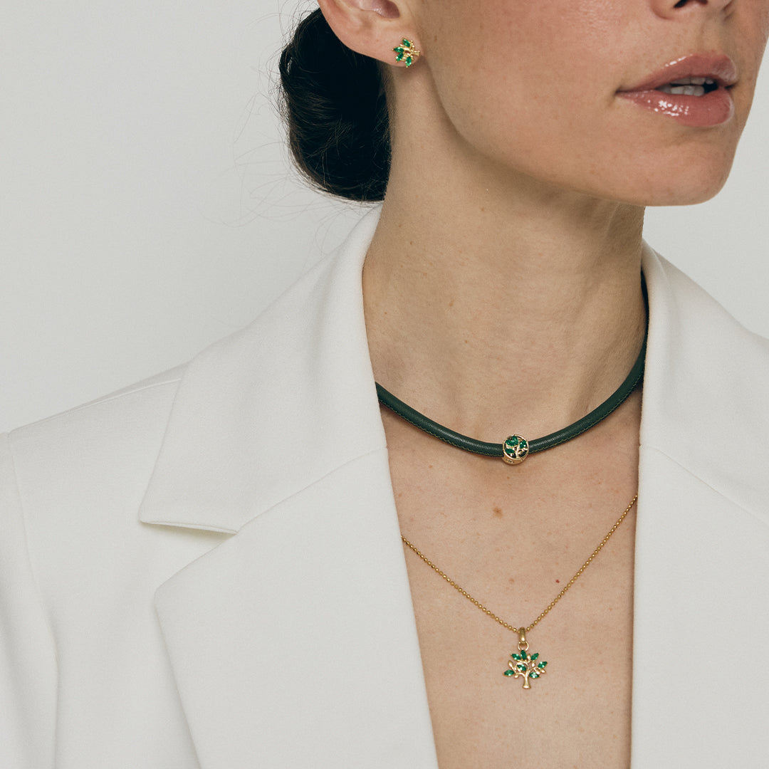 Green Family Tree Earring Pendant - Gold Plated Sterling Silver with 7 Greenne Cubic Zirkonia