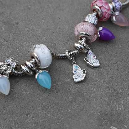 Butterfly True Hænger Charm 6 mm Til Armbånd - Børstet Forgyldt Sterling Sølv m. 3 Multi color Cubic Zirkonia