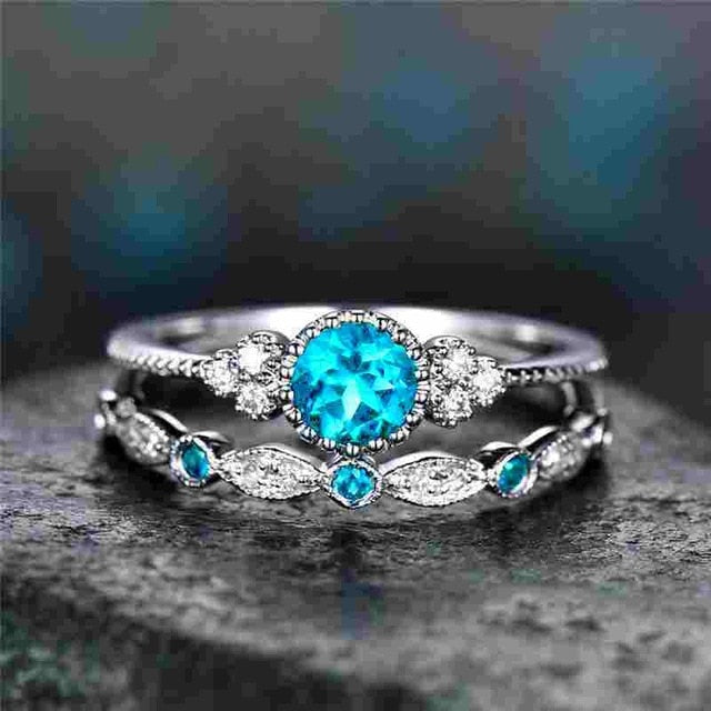 2Pcs/Set Luxury Green Blue Stone Crystal Rings For Women Sliver Color Wedding Engagement Rings Jewelry Dropship bagues pour