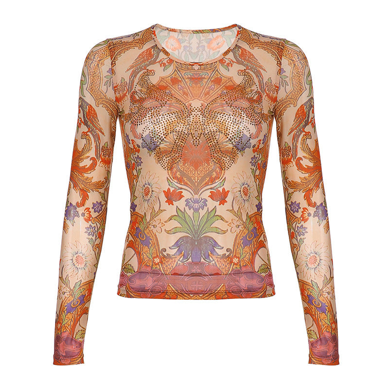 Women's Net Yarn Hot Drilling Perspective Round Neck Long-sleeved Blouse