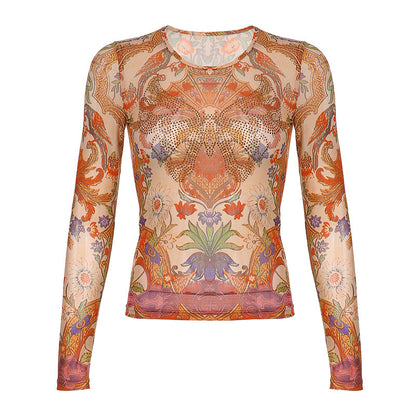 Women's Net Yarn Hot Drilling Perspective Round Neck Long-sleeved Blouse