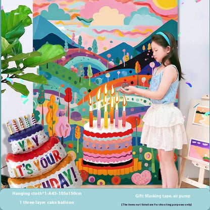 Birthday Party Layout Cake Hanging Cloth Children Background Wall