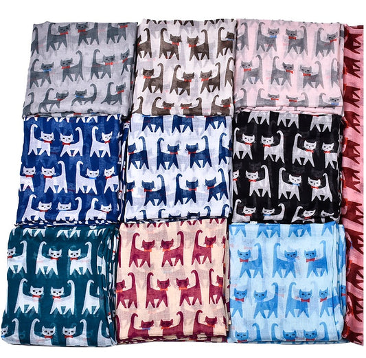 Cartoon cat print scarf cat Bali yarn scarf silk scarf art pattern to protect the heating square scarf