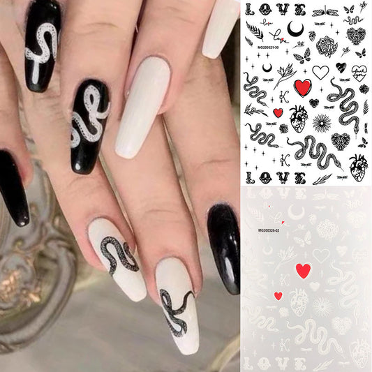 Nagelsticker-Applikation, 3D-Schlangen-Sticker, Nude-Motiv, Schwarz-Weiß, 2-farbiger Nagelsticker-Ornament