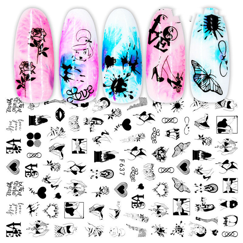 Grenzüberschreitende Nagelsticker, neue japanische, europäische und amerikanische 3D-Heißstempel-Vollsticker, schwarz-weiße Rosen-Herz-Nagelsticker