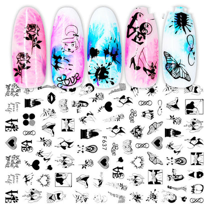 Grenzüberschreitende Nagelsticker, neue japanische, europäische und amerikanische 3D-Heißstempel-Vollsticker, schwarz-weiße Rosen-Herz-Nagelsticker