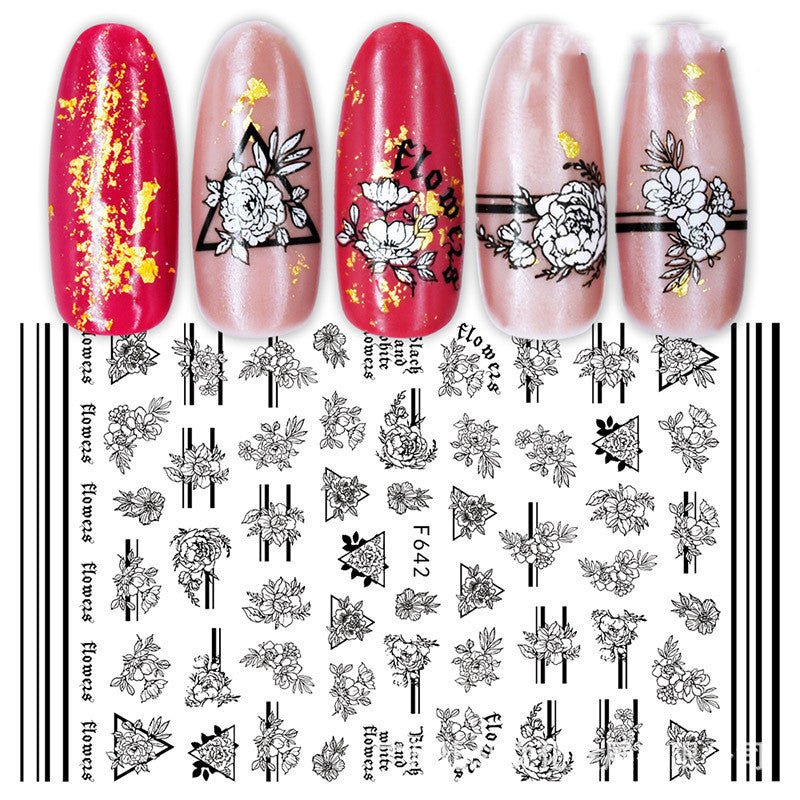 Grenzüberschreitende Nagelsticker, neue japanische, europäische und amerikanische 3D-Heißstempel-Vollsticker, schwarz-weiße Rosen-Herz-Nagelsticker