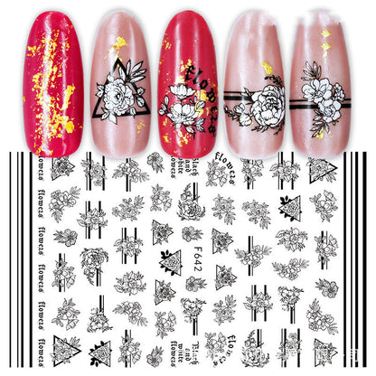 Grenzüberschreitende Nagelsticker, neue japanische, europäische und amerikanische 3D-Heißstempel-Vollsticker, schwarz-weiße Rosen-Herz-Nagelsticker