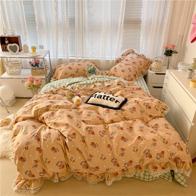 Dreiteiliges Bettlaken aus Baumwollspitze mit Gartenblumenmuster