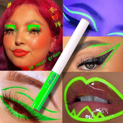 Professioneller, glänzender Eyeliner, Kosmetikpigment, UV-Neon-Make-up, flüssiger Glitzer-Eyeliner, schnelltrocknendes Glow-Set in dunkler Fluoreszenz.