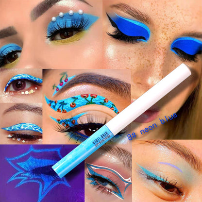 Professioneller, glänzender Eyeliner, Kosmetikpigment, UV-Neon-Make-up, flüssiger Glitzer-Eyeliner, schnelltrocknendes Glow-Set in dunkler Fluoreszenz.