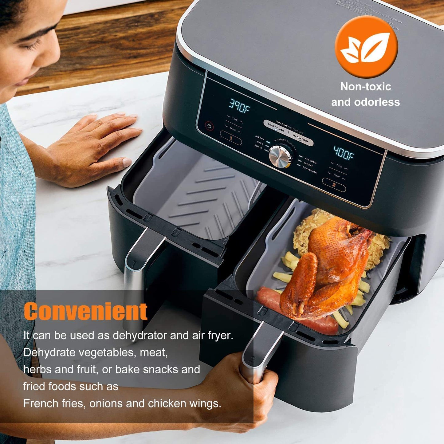 Silikon-Einsatz für Heißluftfritteuse mit Griff, wiederverwendbarer Einsatz, hitzebeständiger Korb, rechteckiges Backzubehör für Fritteuse, Backofen und Mikrowelle 