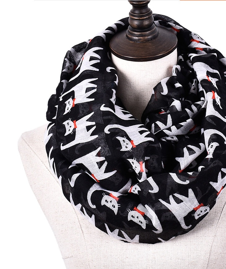 Cartoon cat print scarf cat Bali yarn scarf silk scarf art pattern to protect the heating square scarf