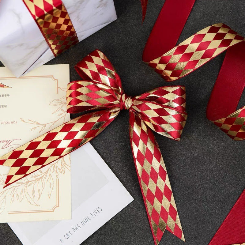 Red Bronzing Diamond Plaid Satin Baking Bow Ribbon