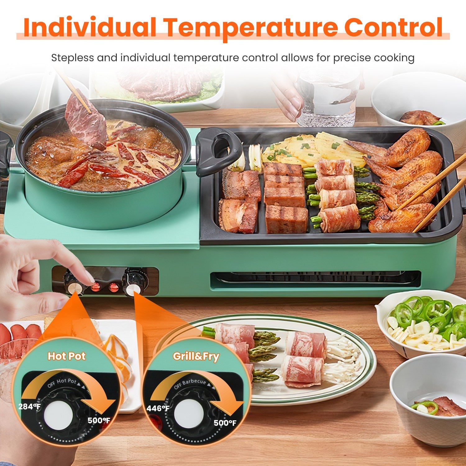 1 Stück 3-in-1 elektrischer Hot Pot mit Grillfunktion, 1600 W, rauchfrei, antihaftbeschichtet, koreanischer BBQ-Grill, Shabu-Shabu-Hot-Pot-Kombination mit unabhängiger Temperaturregelung für 3–5 Personen, FedEx-Versand