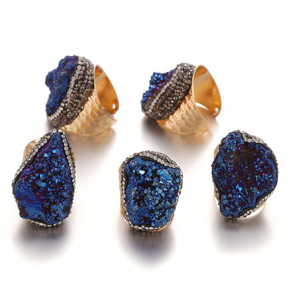 Irregular natural crystal cluster ring, original stone crystal set with diamonds, natural stone gold-plated handmade jewelry