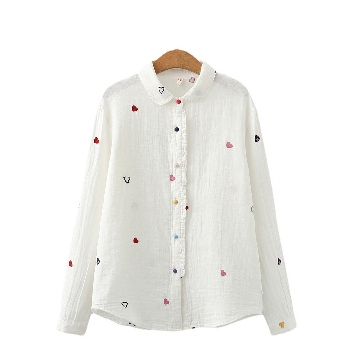 Women's Artistic Double-layer Cotton Yarn Doll Collar Printed Long-sleeved Shirt